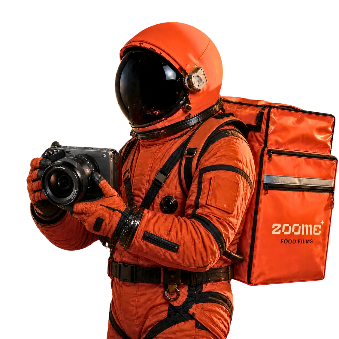 Astronauta da ZOOME Food Films com câmera nas mãos e mochila de entrega nas costas